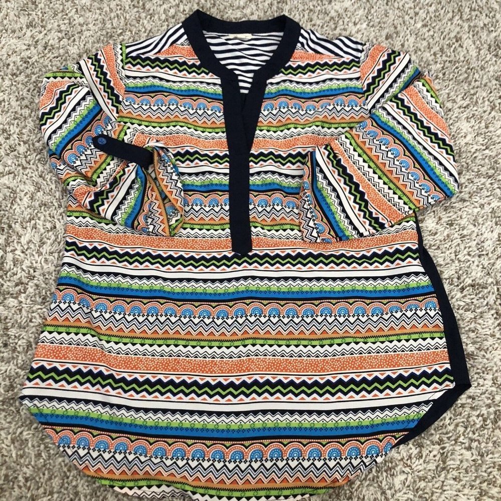 Antilia Femme Tops Blouse Women's Size Small Split Neck 3/4 Quarter Multicolor